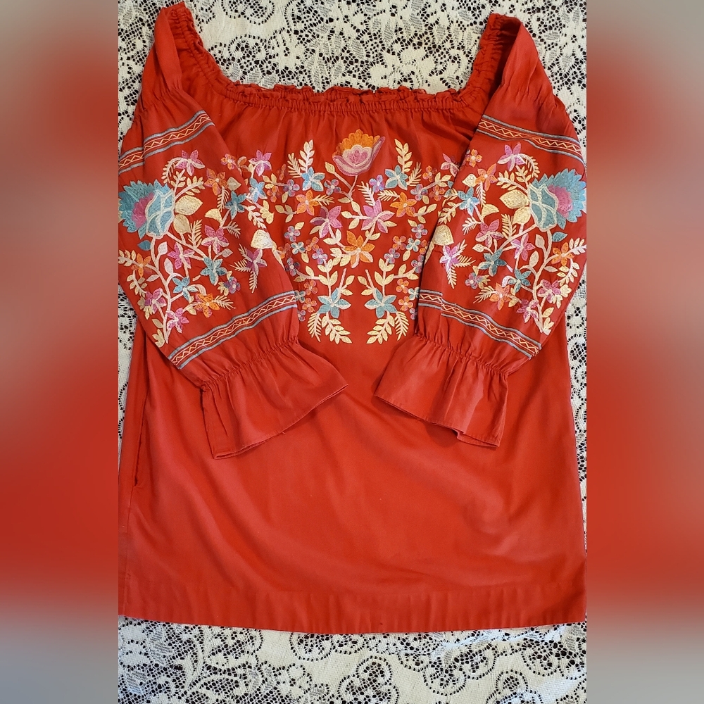COPY - Free People size XL light red peasant blouse with multi color embroidery